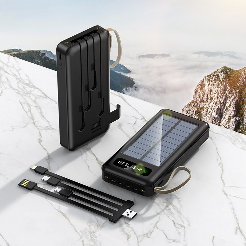 20000mAh Solar Power Bank With Built-in Cables, Portable Charger For IPhone Android, Waterproof Outdoor Mobile Battery Pack For Camping_voghion.com