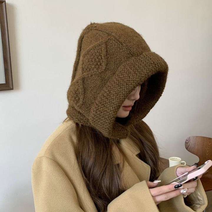 Korean winter new big version balaclava children's warm coarse linen pattern horn button ear muff head cap_voghion.com