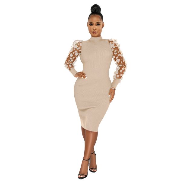 Abbigliamento da donna Elegante abito a coste con maniche in rete floreale e colletto a petalo 3D per donna_voghion.com