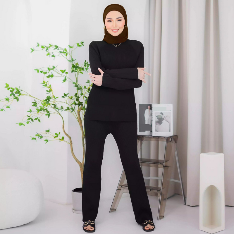 Women's Clothing Autumn and Winter Casual Knitted Suit Women's Southeast Asian Malay Indonesian Wide Leg Pants Two piece Set_voghion.com