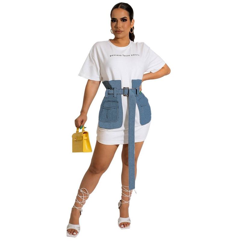 waist Waisted Round Neck Color Block Denim Shirt Chic Casual Mid-length_voghion.com