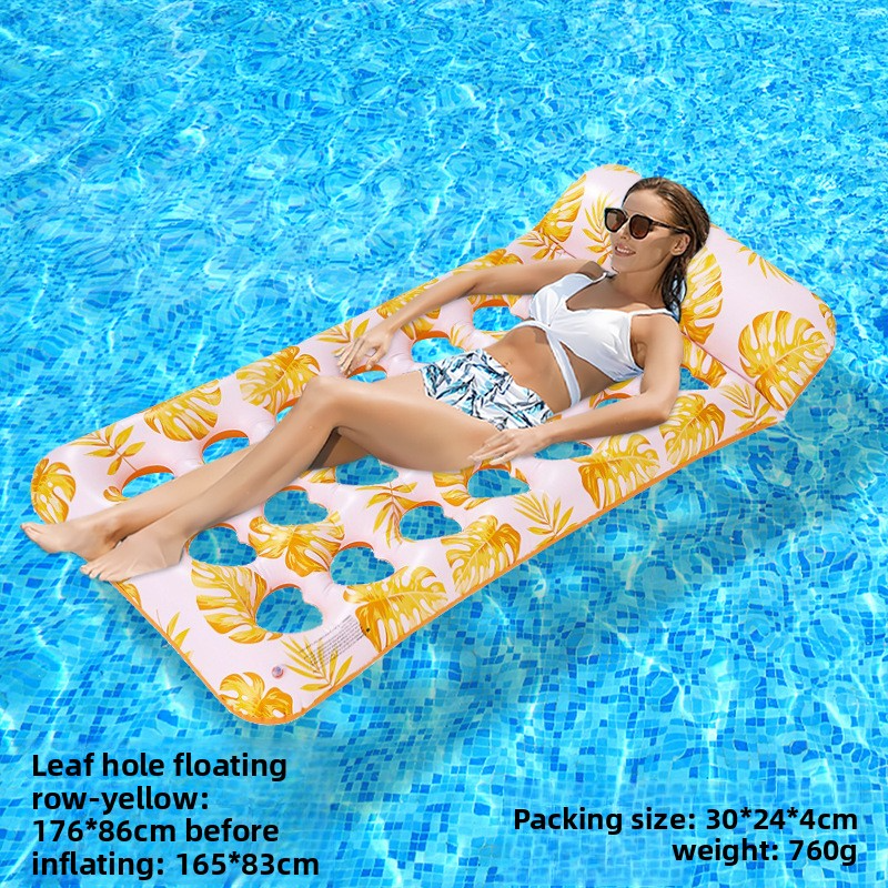 Chaise longue gonflable en forme de feuille avec coussin de nuque et trous respirants - Lit flottant simple pour adultes (PVC imprimé à séchage rapide pour piscine/plage)_voghion.com