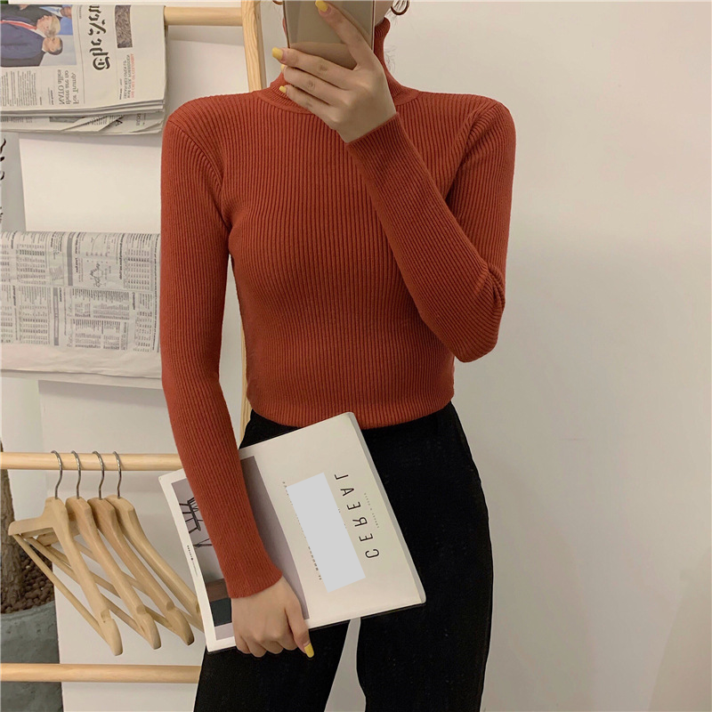 Women's High Neck Knitted Sweater Solid Color Stretchy Long Sleeve Top For Fall Winter Layering Casual T-Shirt 16 Colors​_voghion.com