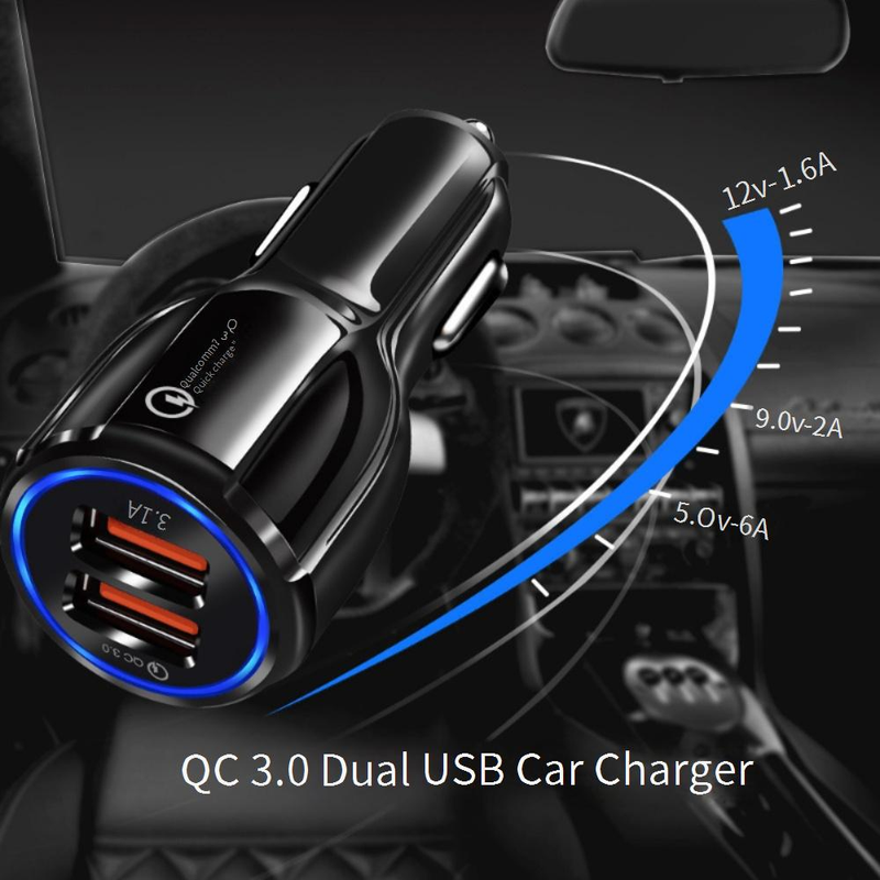 Caricabatterie rapido per auto con doppia porta USB QC3.0 e uscita 6A e LED Halo – Caricabatterie compatto da 12V/24V per una ricarica rapida in movimento_voghion.com