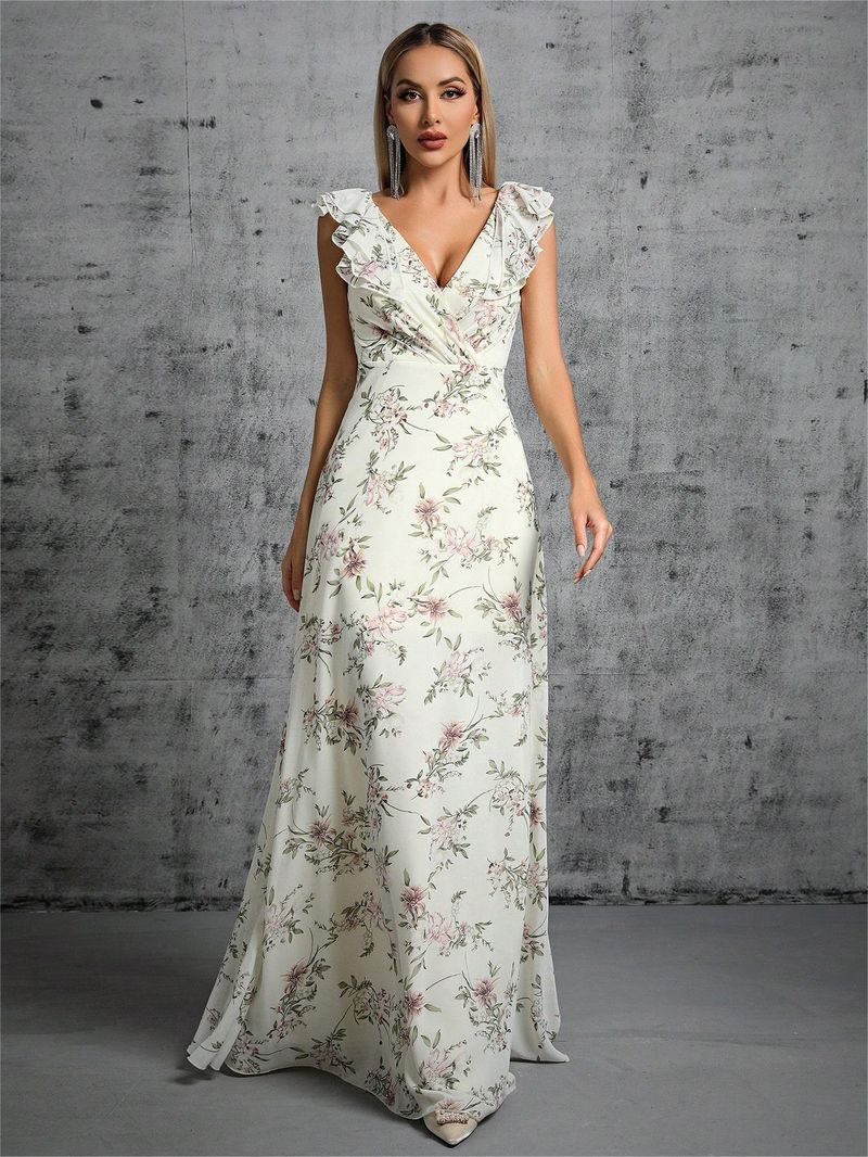 Women's Ruffled shoulder sleeves, pleated bust, strappy bow long skirt at back_voghion.com
