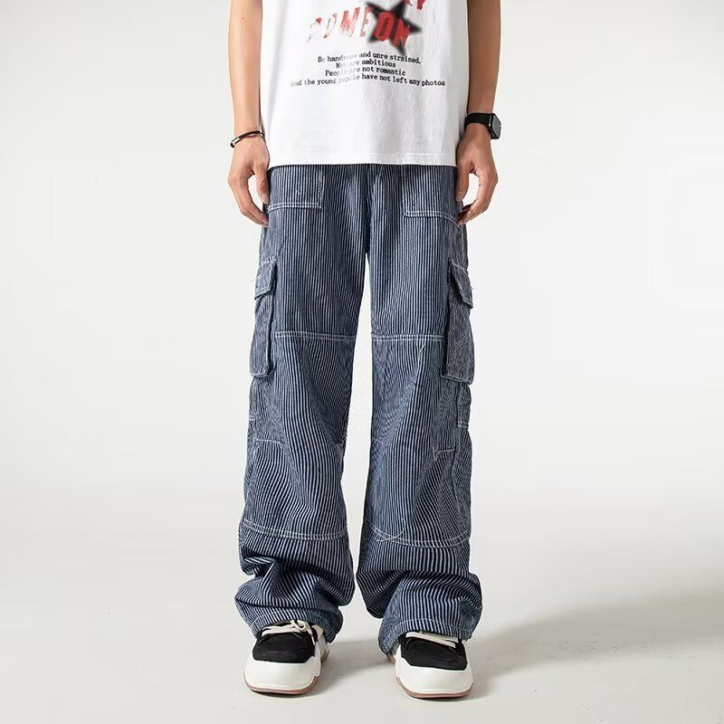 Pantaloni casual dritti retrò a gamba larga a righe blu taglie forti da uomo_voghion.com