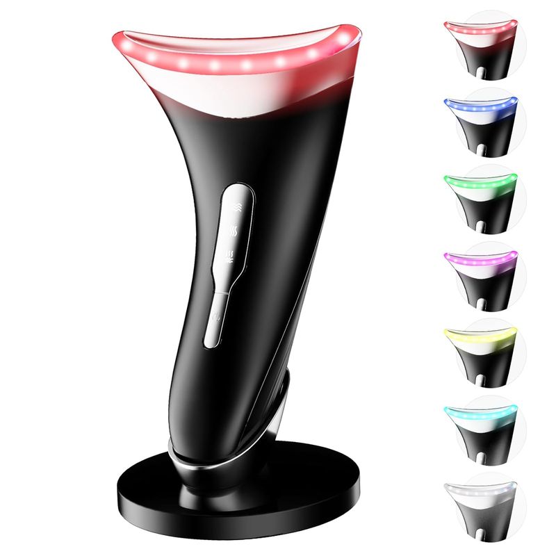 7 Color Light Therapy Facial Massager With Adjustable Vibration And Thermals For Wrinkles, Double Chin, Red Light Skin Care Tool With Base, Black_voghion.com