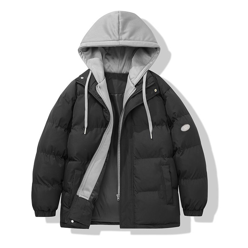 Piumino invernale con cappuccio da uomo, stile streetwear, modello oversize in finto due pezzi (nero, grigio scuro, azzurro, rosa, beige)_voghion.com