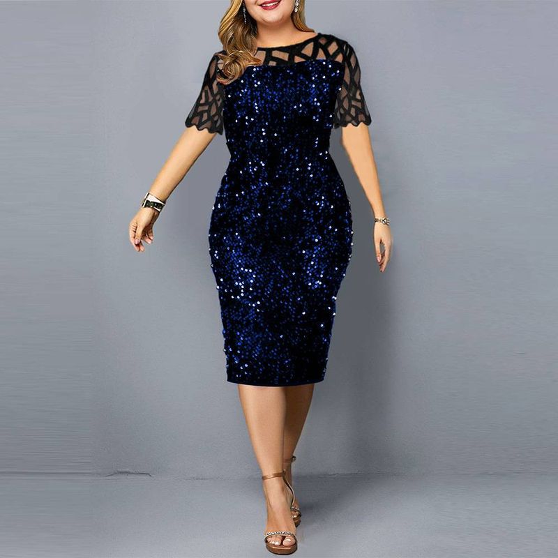 Damenbekleidung Frühling und Herbst personalisiertes Paillettendesign Übergrößen Damenkleid 3 Farben Größe 7 kurze Ärmel_voghion.com