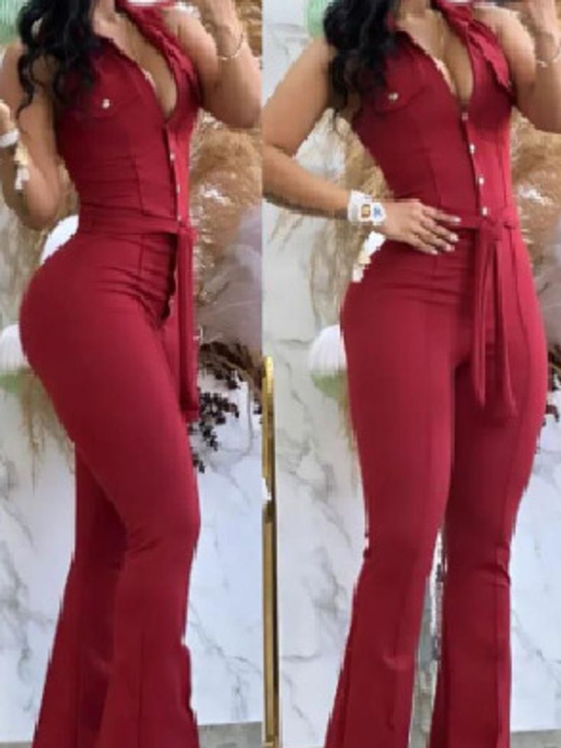 Damesmode Effen slim-fit romper met V-hals, knoopzak en hoge taille, met veters en veters_voghion.com