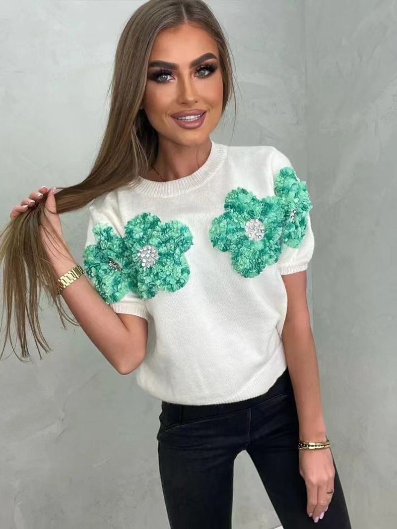 Women's Clothing contrasting color flowers sweet pink round neck short-sleeved sweater_voghion.com