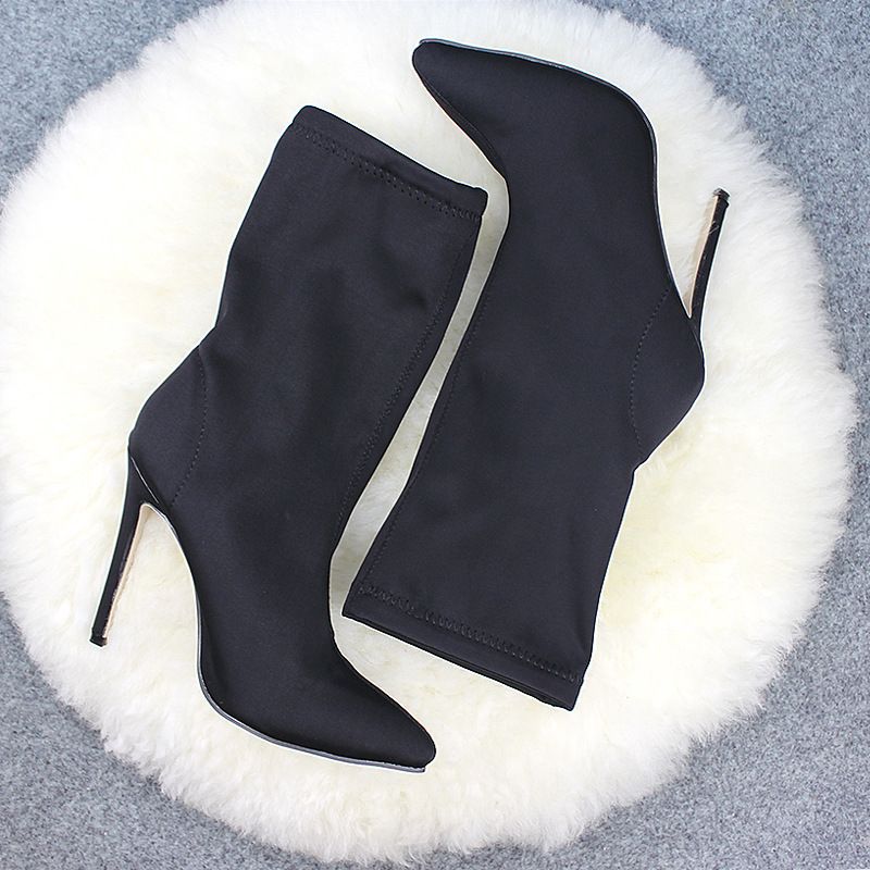 DEleventh Sapatos femininos transfronteiriços europeus e americanos Botas de cano médio Tecido elástico Biqueira fina Salto alto Stiletto Botas femininas de tamanho grande_voghion.com