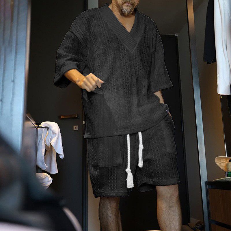 Abito maglione casual da uomo estivo T-shirt a maniche corte allentata pantaloncini da uomo abito di lana da uomo 2024 estate nuovo stile_voghion.com