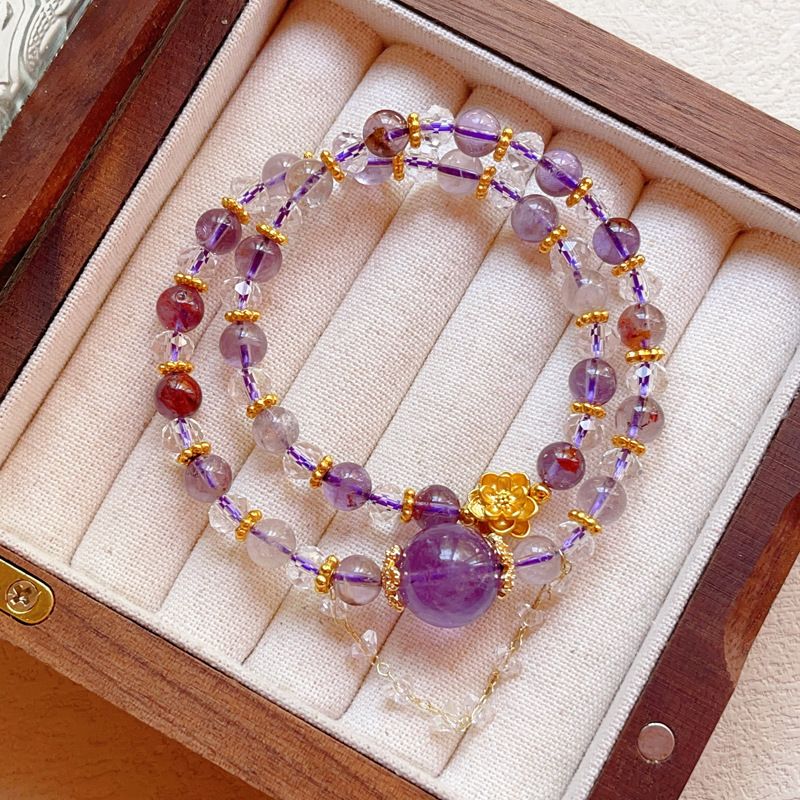 Bracelet en or 14 carats, bracelet en agate de pierre de lune en titane violet naturel, bracelet en améthyste double couche multicouche._voghion.com