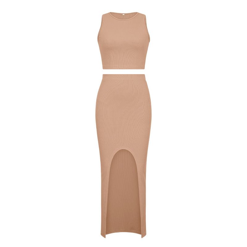 Vêtements pour femmes [prêts à expédier] costume couleur unie col rond gilet jupe fendue sur le côté costume deux pièces pour femmes_voghion.com