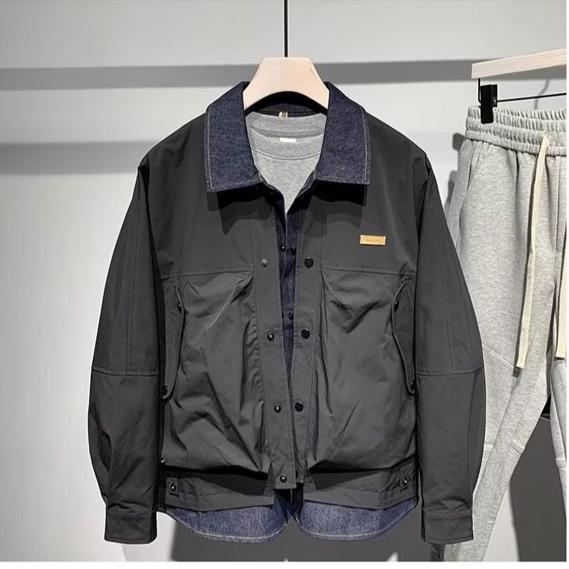 Giacca da uomo in denim patchwork, elegante e finta giacca in due pezzi da uomo - Cappotto casual slim fit con collo alto per la moda giovanile_voghion.com