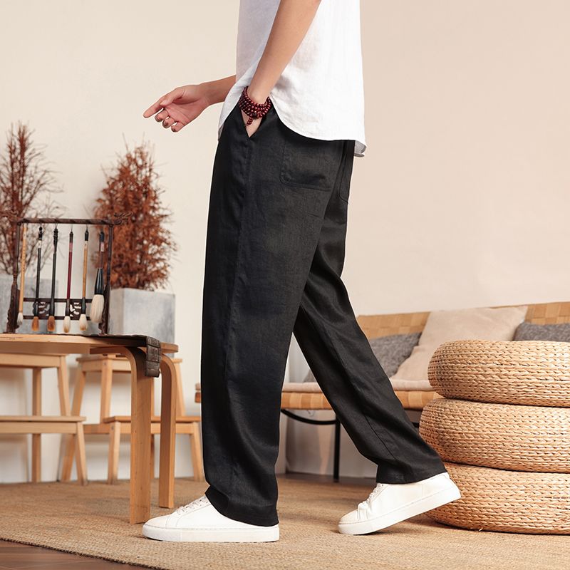Pantaloni casual in lino taglie forti da uomo, pantaloni estivi sottili, pantaloni larghi e dritti, pantaloni alla moda con elastico in vita_voghion.com