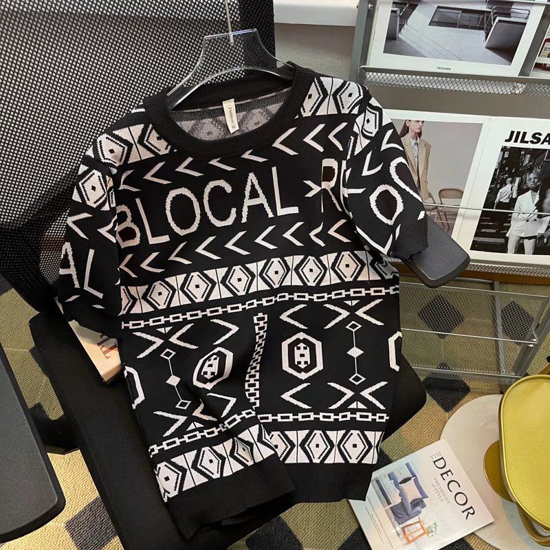 Men's Clothing Thin Fashion Jacquard Short sleeved T shirt Men's Goods Handsome Slim Elastic Half sleeved Ins Bottoming Shirt_voghion.com