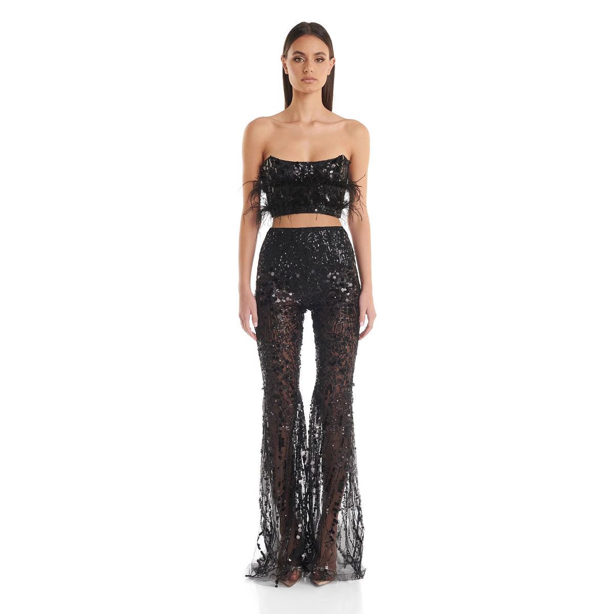 Strapless Short Top And Long Pants Autumn Winter New Ostrich Sequin Two-Piece Set_voghion.com