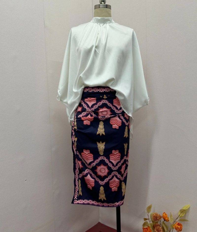 Vêtements pour femmes, couleur unie, col rond, chemise élégante, jupe imprimée, costume_voghion.com