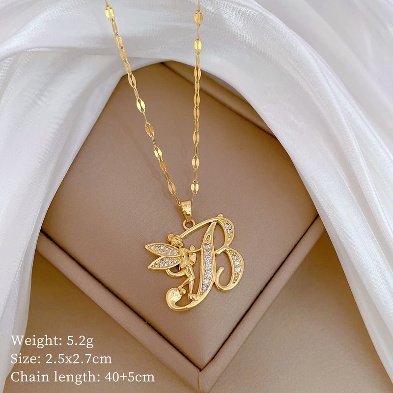 【 】 Angel Playing Qin Light Luxury Charm Gorgeous Full Diamond Necklace Women's Versatile Clavicle Titanium Steel Chain_voghion.com