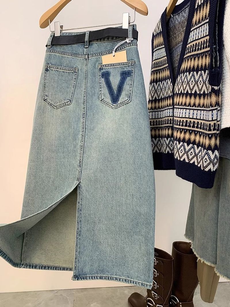 Dameklær Tidlig vår Lyseblått skjørt med splitt bak Dongerskjørt Dame Nytt Høy midje Slim Fit Medium Lengde Hofteskjørt_voghion.com