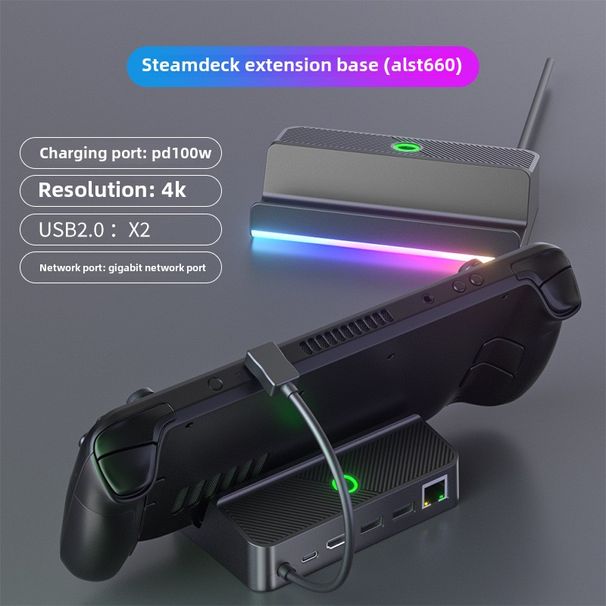 Steam Deck game handheld multi-function base - RGB light, silicone anti-skid base, 4K screen projection, Gigabit network port, 100W fast charging_voghion.com