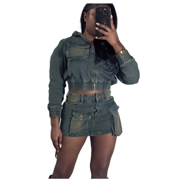 Completo da donna in denim elasticizzato con cappuccio – Giacca e gonna azzurre alla moda (S-XXL)_voghion.com