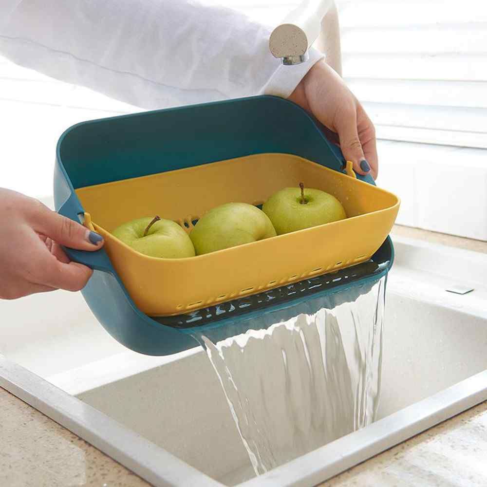 2Pcs 2-in-1 Kitchen Colander/Filter Bowl Double-layer Rotatable Drain Basin And Basket Clean Wash Mix Fruit For Vegetable Washing_voghion.com