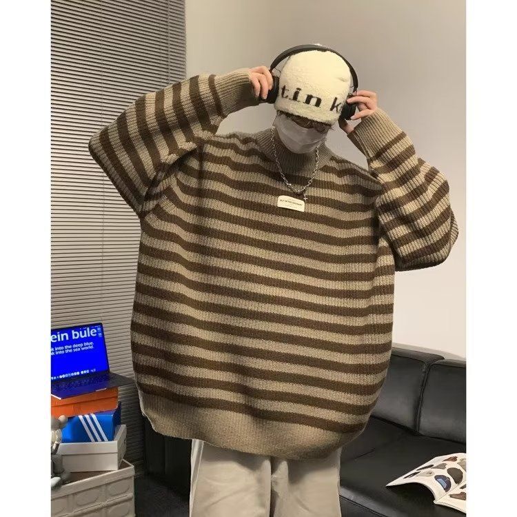 Nuovo maglione retrò a righe per uomo in autunno e inverno, stile ampio e pigro, giacca in maglia di base versatile e semplice_voghion.com