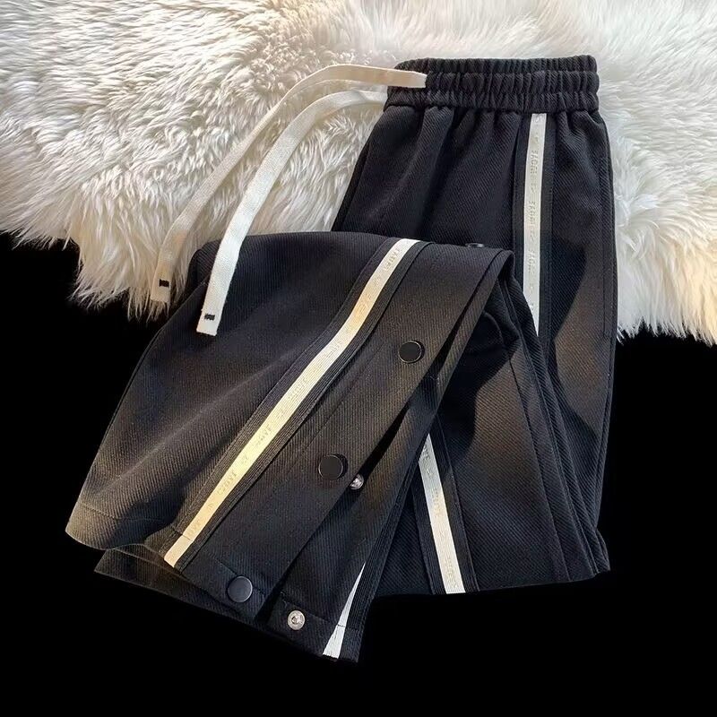 Men's Clothing Pants Men's Summer New Striped Basketball Association Buttoned Split Sports Pants American Retro Straight Wide Leg Casual Trousers_voghion.com
