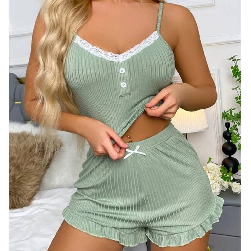 Pyjama sexy en dentelle à bretelles pour femmes, short de costume, vêtements de maison pour femmes_voghion.com