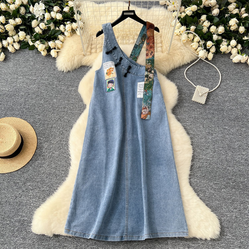 Denim Overalls Rok Nieuw Ontwerp Interessante Bedrukte Knoop Losse Jurk Trend_voghion.com