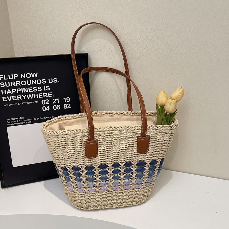 Straw Bag Woven Bag Commuter Large Capacity Straw Bag Women's Summer Beach Vacation Shoulder Bag Tote Bucket Bag_voghion.com