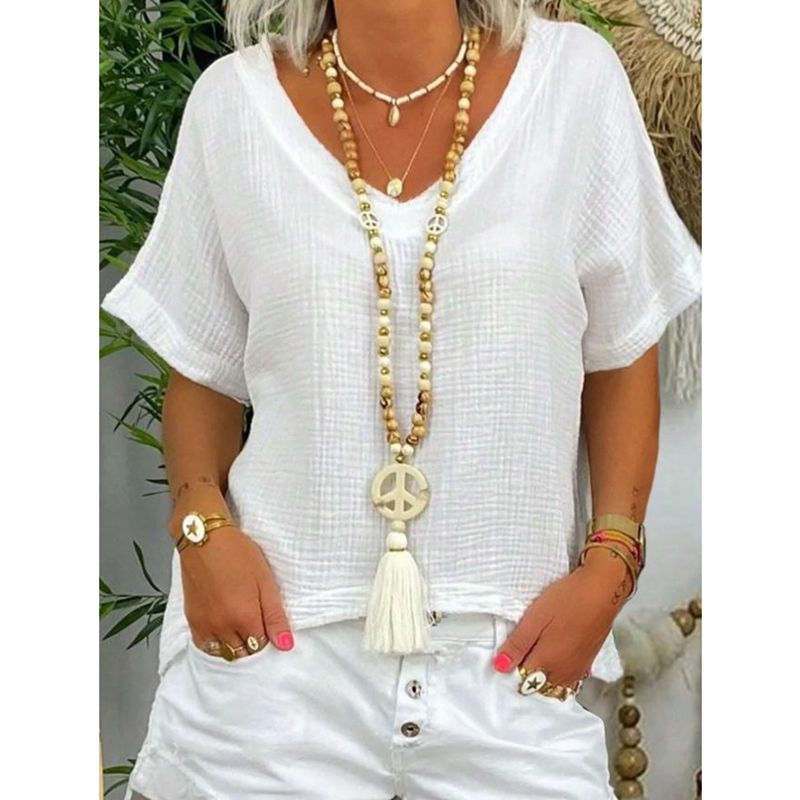 T-shirt da donna a maniche corte con scollo a V tinta unita_voghion.com