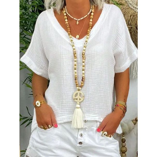 T-shirt da donna a maniche corte con scollo a V tinta unita_voghion.com