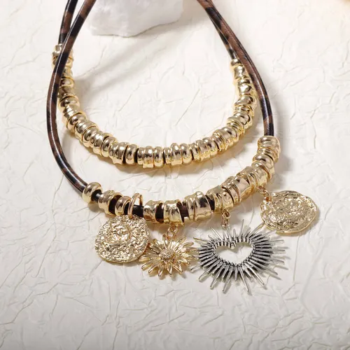 Retro Heart Shape Flower Pu Leather Zinc Alloy Layered Necklaces Wholesale_voghion.com