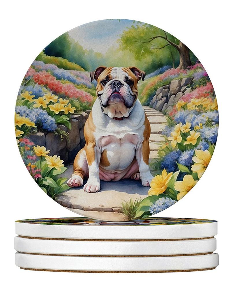English Bulldog Spring Path Large Sandstone Coasters Pack Of 4 Absorbent Round Coasters Decor Gifts For Men Or Women, 4 In, Multicolor_voghion.com