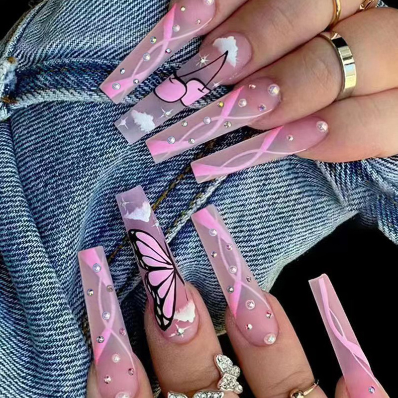 Nai 24 pezzi set artificiale press on Nai lungo balletto Fae Nai con strass fiore bara francese indossabile falso Lg Rhineste_voghion.com