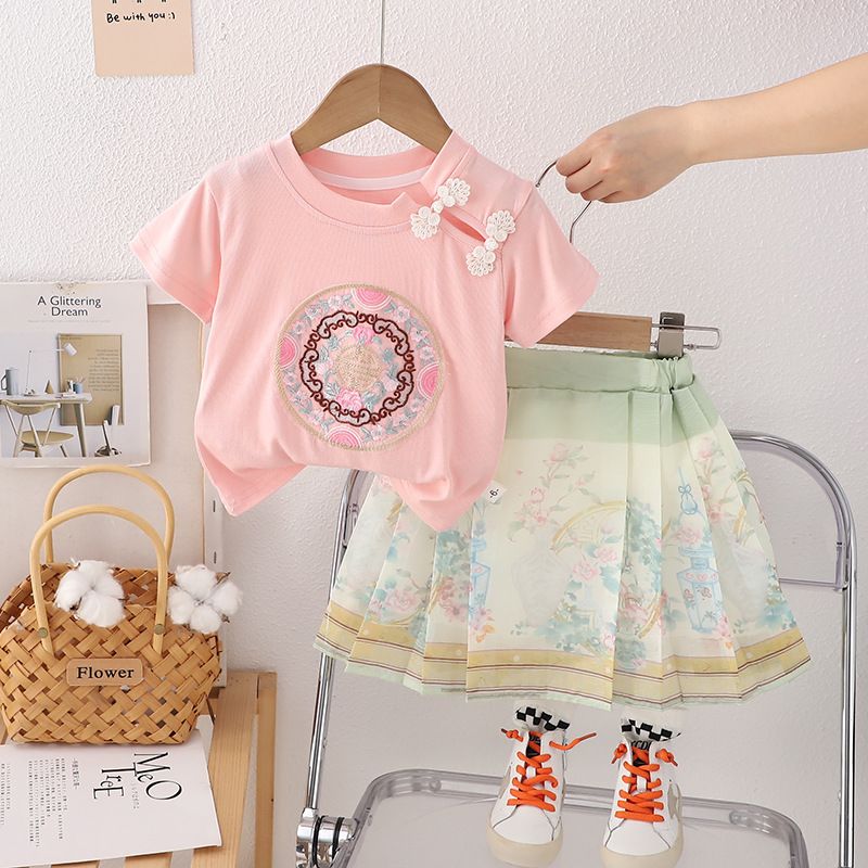 Gonna a maniche corte cinese con faccia di cavallo 2024, set da due pezzi per ragazze da 0 a 5 anni, abbigliamento estivo per bambini_voghion.com