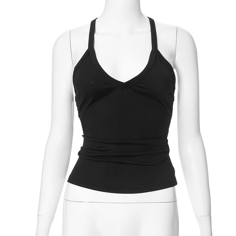 M23TP770 Women's Summer New Solid Color Halter Neck Backless Tank Top T-Shirt_voghion.com