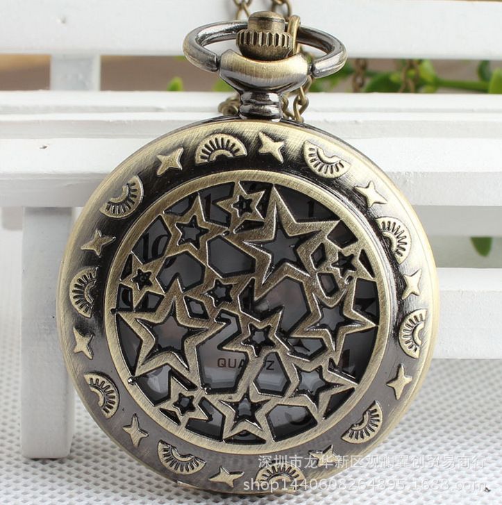 Large Five-Pointed Pocket Quartz Hanging Hollow Star Bronze Color Flip Cover Chain Watch_voghion.com