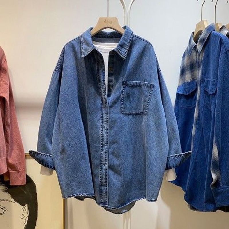 Women's Clothing Early Autumn Retro Blue Denim Shirt Jacket Autumn And Winter Layered Inner Shirt Chic Tops_voghion.com