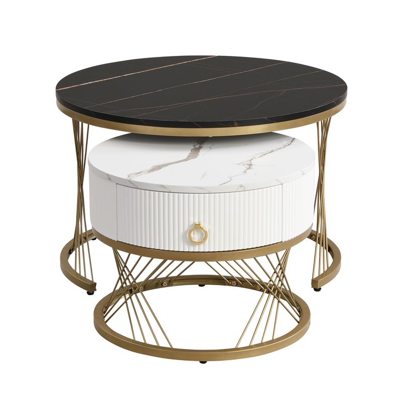 Eleganter Zusammensetzbarer Couchtisch: Marmoroptik, Golddekor, Beistelltisch Mit Schubladen – 2er-Set_voghion.com