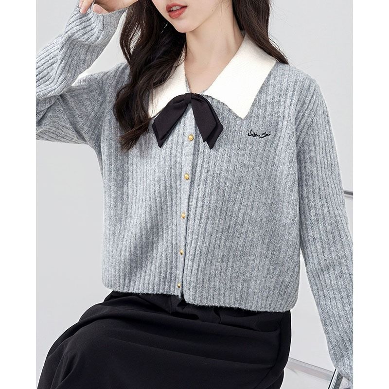 Cardigan lavorato a maglia con fiocco sul colletto per donna, stile college autunnale e invernale, design di nicchia, corto alla moda con blocchi di colore_voghion.com