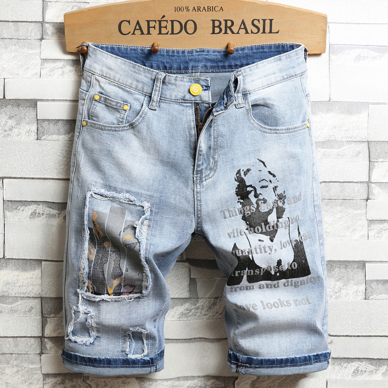 Bedruckte Jeansshorts für Herren, gerades Bein, locker_voghion.com