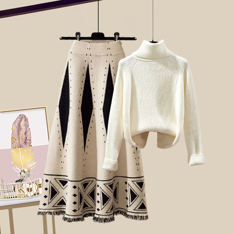 Completo da donna autunno inverno stile maglione spesso in maglia vestibilità comoda e gonna midi snellente in due pezzi_voghion.com