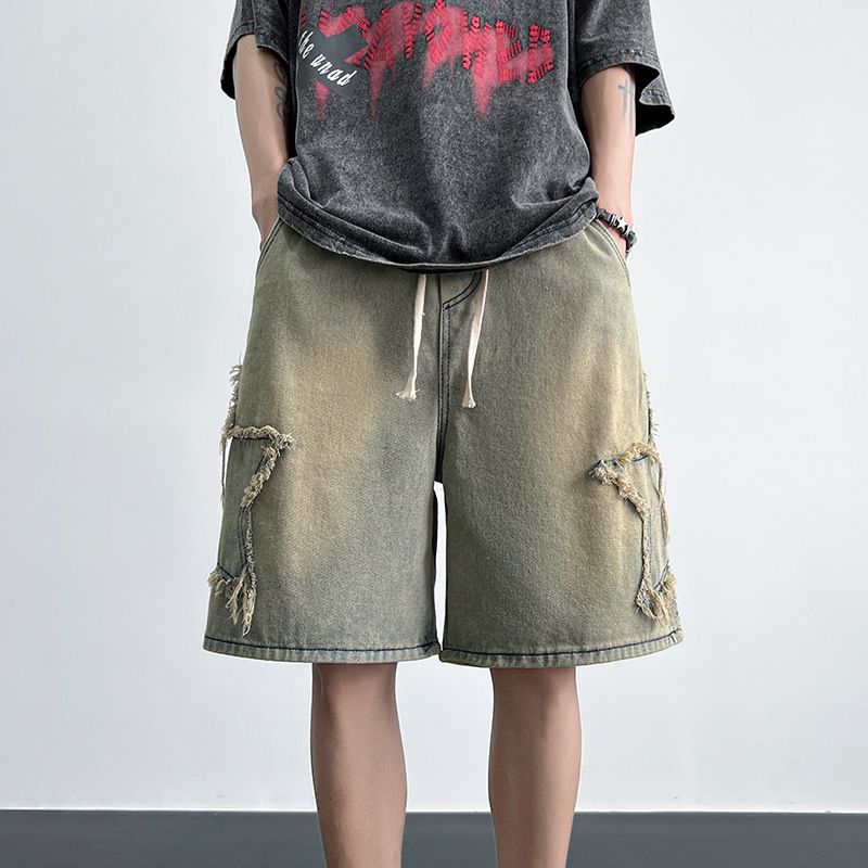 Pantaloncini in denim da uomo, estivi, alla moda, con coulisse, modello dritto a cinque punte, design hip hop casual versatile._voghion.com