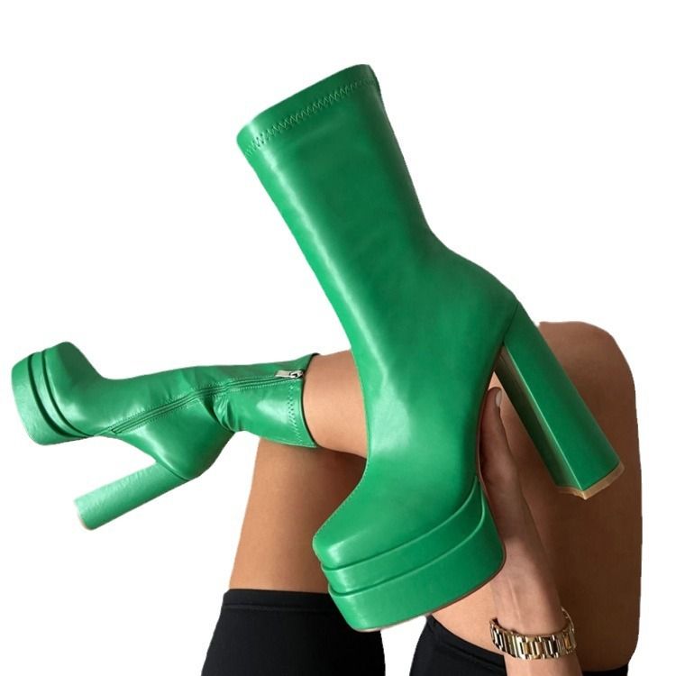 Chaussures pour femmes, talons hauts et épais, fermeture éclair latérale, plateforme imperméable, semelle épaisse, bottes mi-mollet, bottes élastiques, bottes en cuir décontractées et tendance, grande taille 41_voghion.com