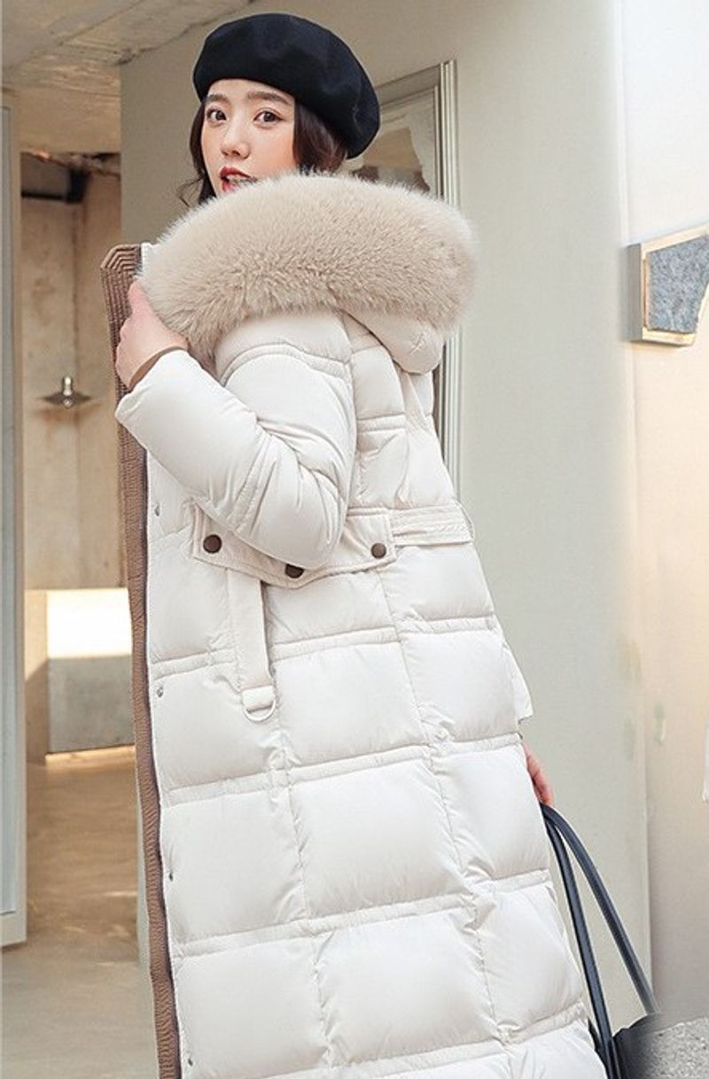 Langer Damen-Wintermantel mit Kapuze und Kunstpelzbesatz, verdickte Polyester-Wattierungsjacke, Oversize-Lockere Passform, eleganter Casual-Style​​_voghion.com